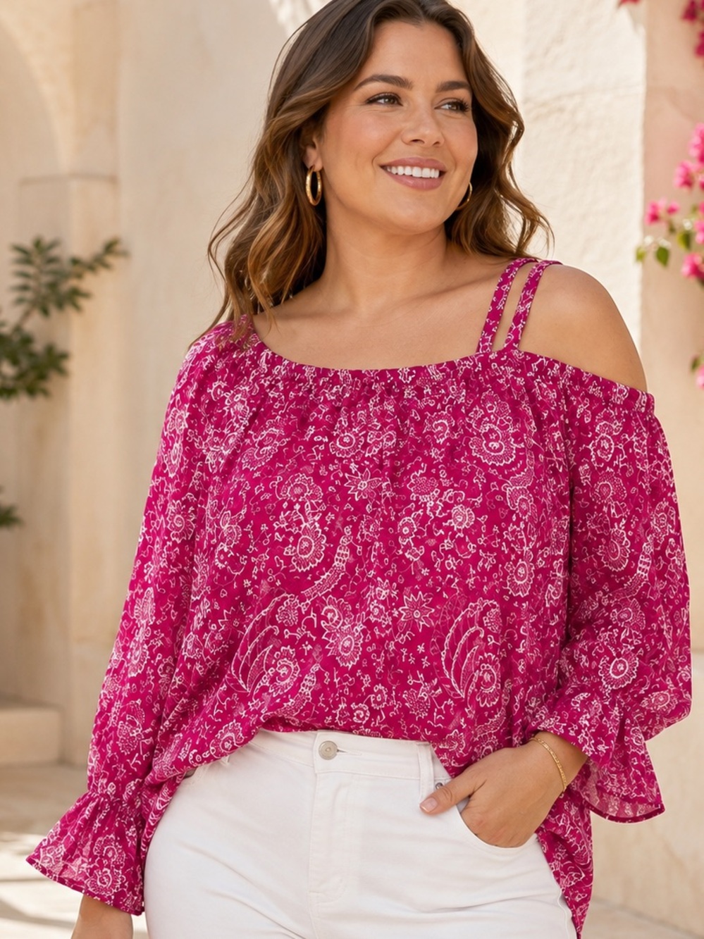 INC International Concepts Floral Cold Shoulder Blouse Pink Paisley XL